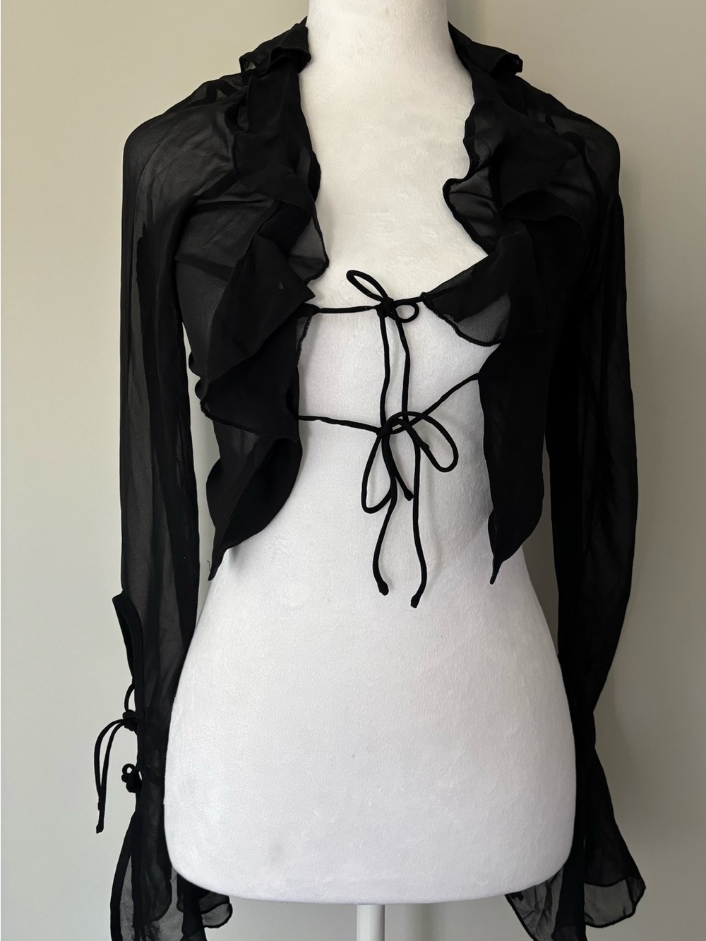 Outcast Sheer Ruffle Tie-Front Shrug - Black